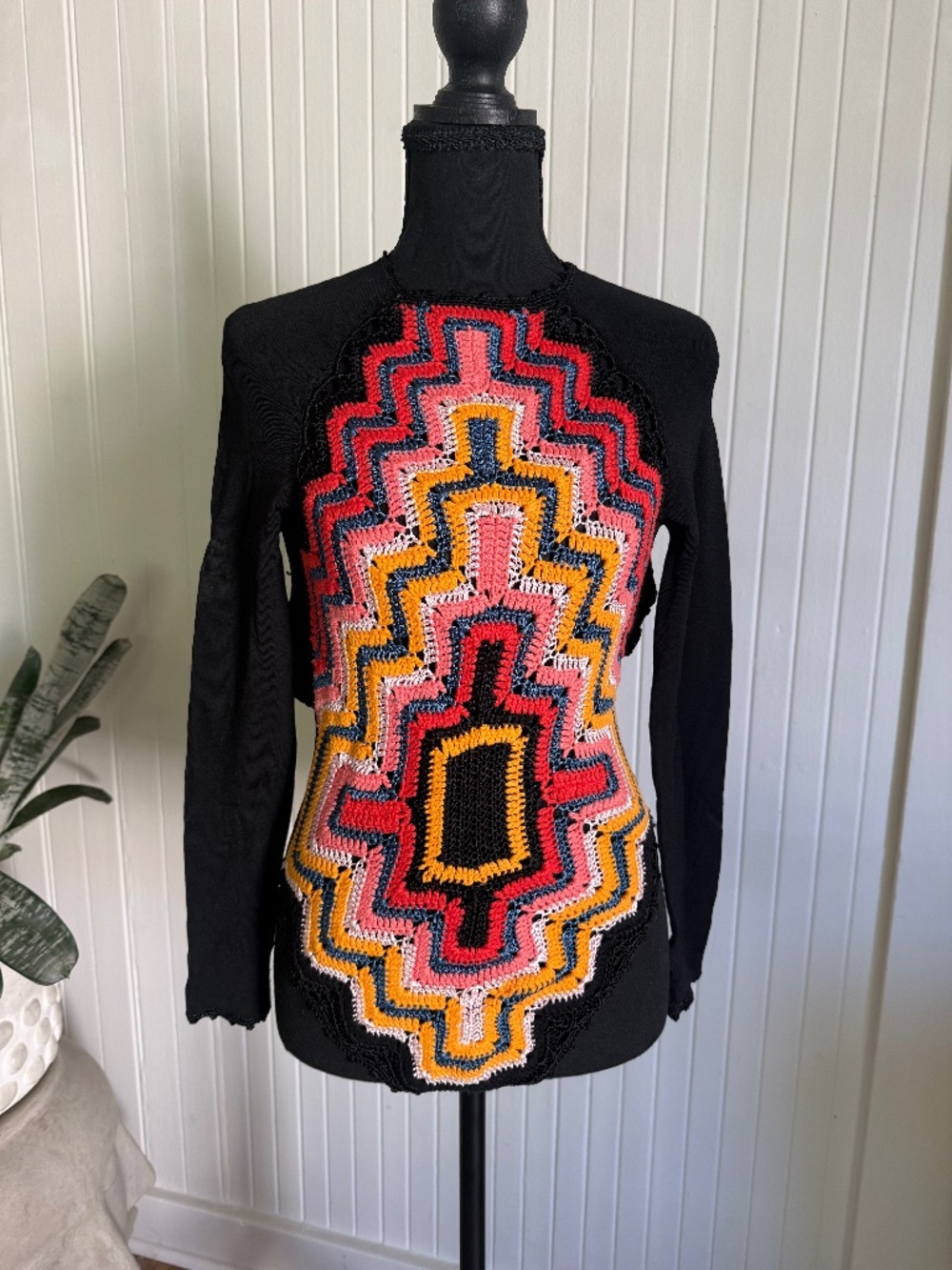 Adam Selman Long Sleeve Crochet Bodysuit Black Multi Aztec Medallion Cutout Back